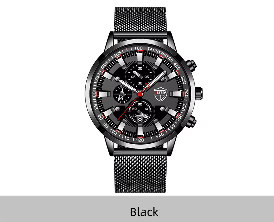 Black wristwatch with detailed face on a white background