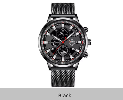 Black wristwatch with detailed face on a white background