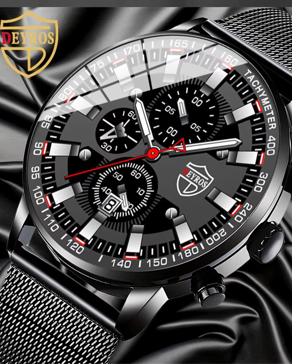 Black wristwatch with detailed face and mesh band on a dark background, featuring the brand 'DEYROS'.