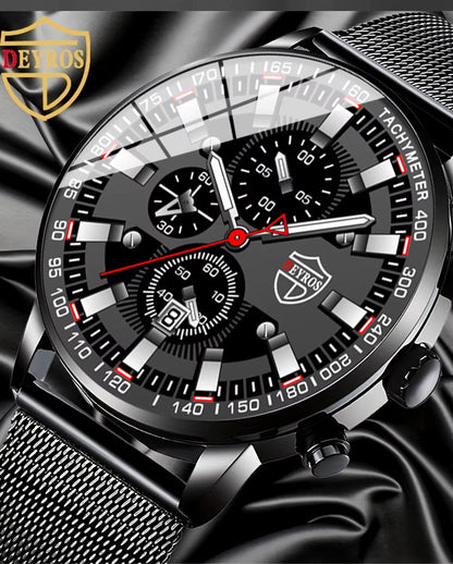 Black wristwatch with detailed face and mesh band on a dark background, featuring the brand 'DEYROS'.