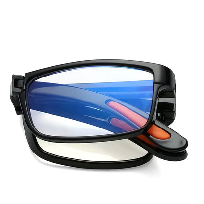Folding reading glasses with black frame folded small on a white background