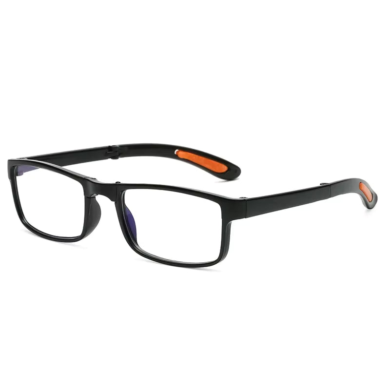 Black eyeglasses with orange accents on a white background