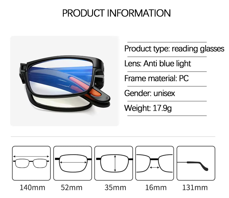 Product information for reading glasses with specifications on a white background