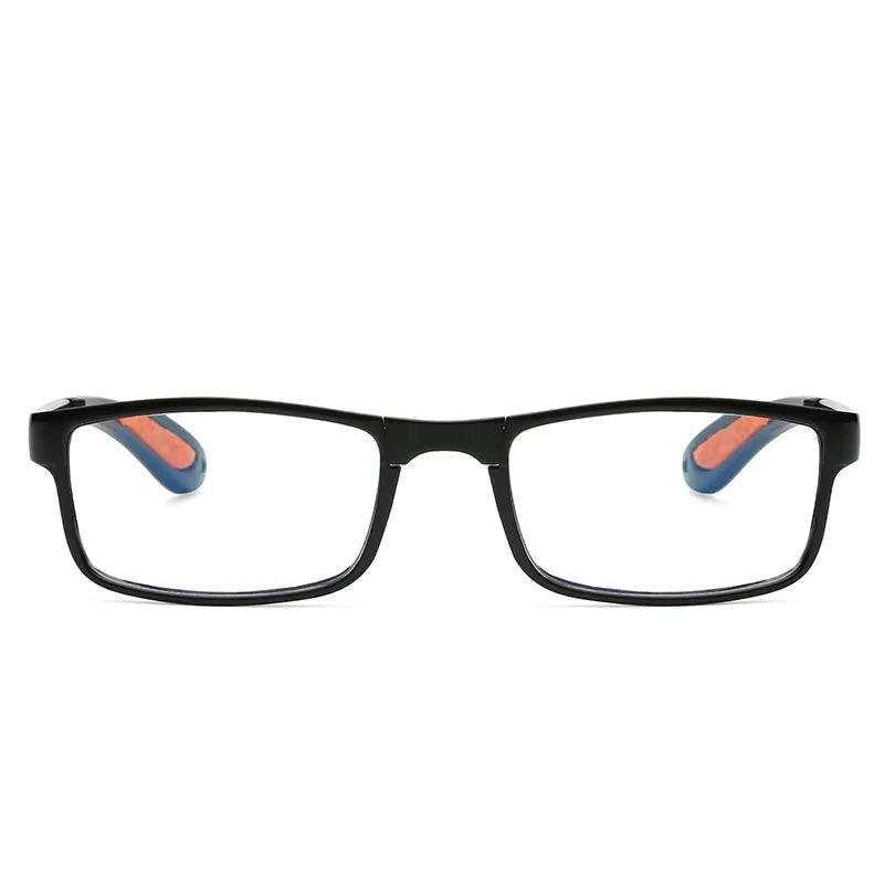 Black eyeglasses with orange accents on a white background