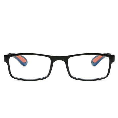 Black eyeglasses with orange accents on a white background