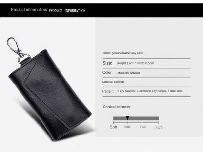 Black leather keychain with product information chart next to it such as size, colour and material