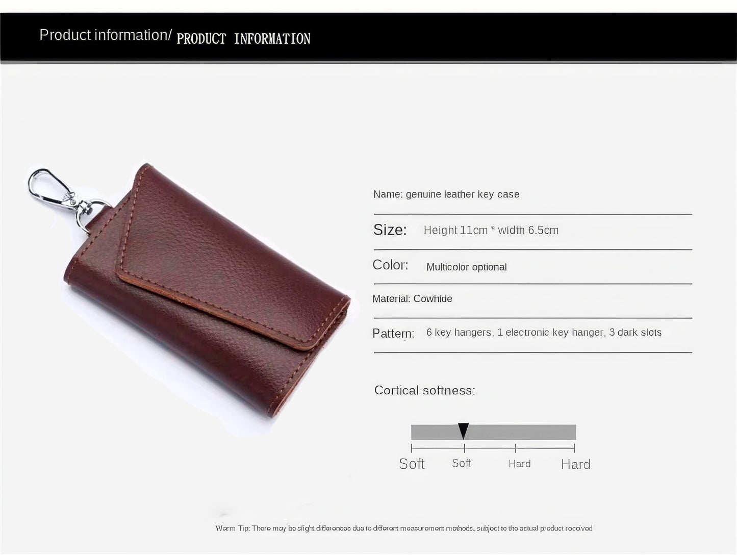 Brown leather key case with product information on a white background