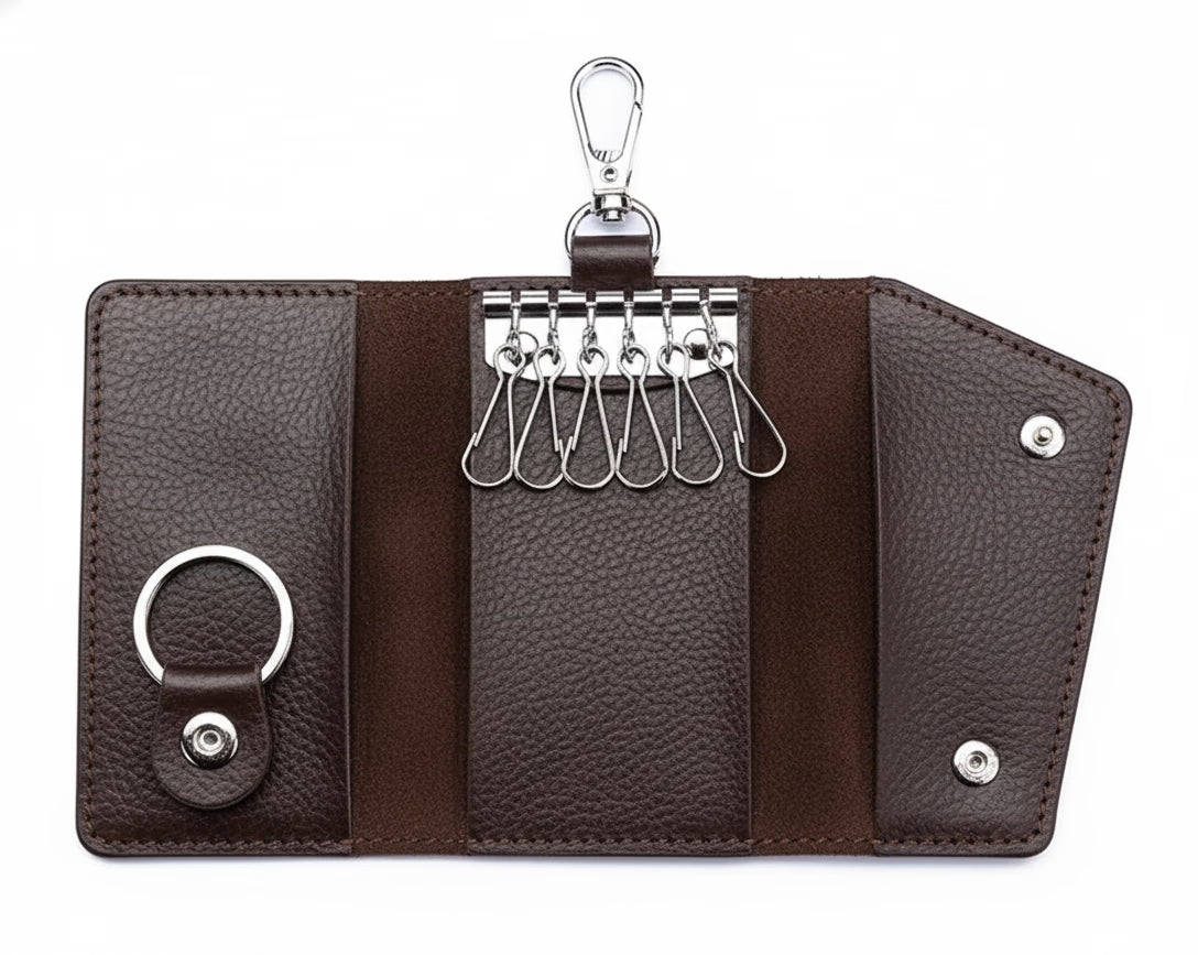 Brown leather key organizer with multiple keys on a white background