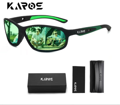 Sunglasses with green reflective lenses, case, and cleaning cloth on a white background with 'KAROS' branding.