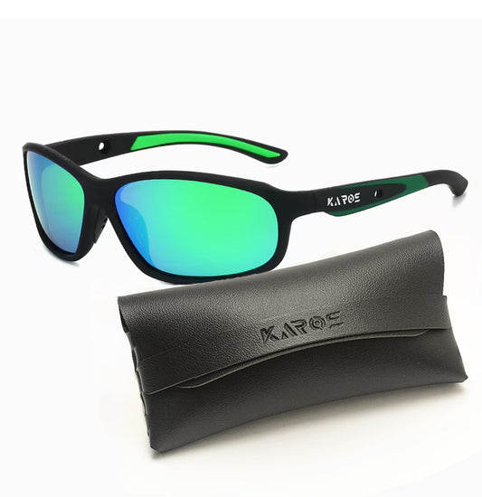 Sunglasses with green reflective lenses and black frame, accompanied by a black case on a white background.