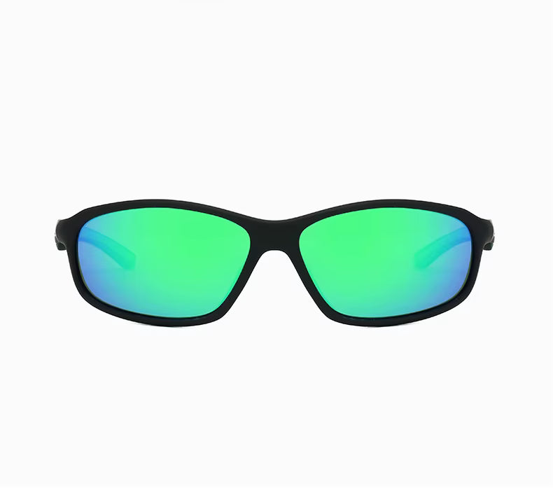 Sunglasses with green reflective lenses on a white background
