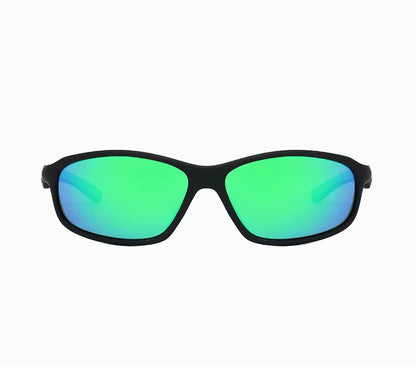 Sunglasses with green reflective lenses on a white background