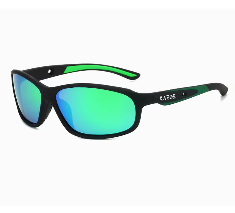 Sunglasses with green reflective lenses and black frame on a white background