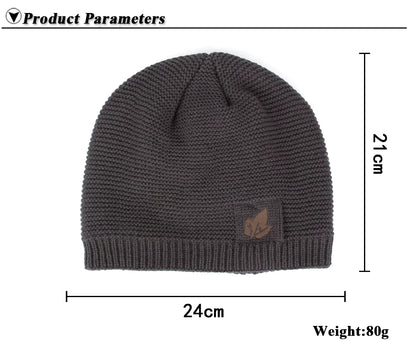 Grey knit beanie with a logo on a white background, showing measurements and weight.