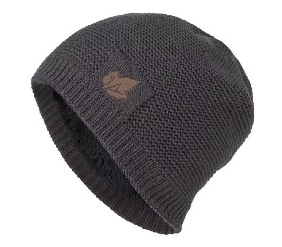 Dark grey knit beanie with a logo on a white background
