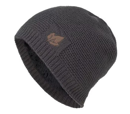 Dark grey knit beanie with a logo on a white background