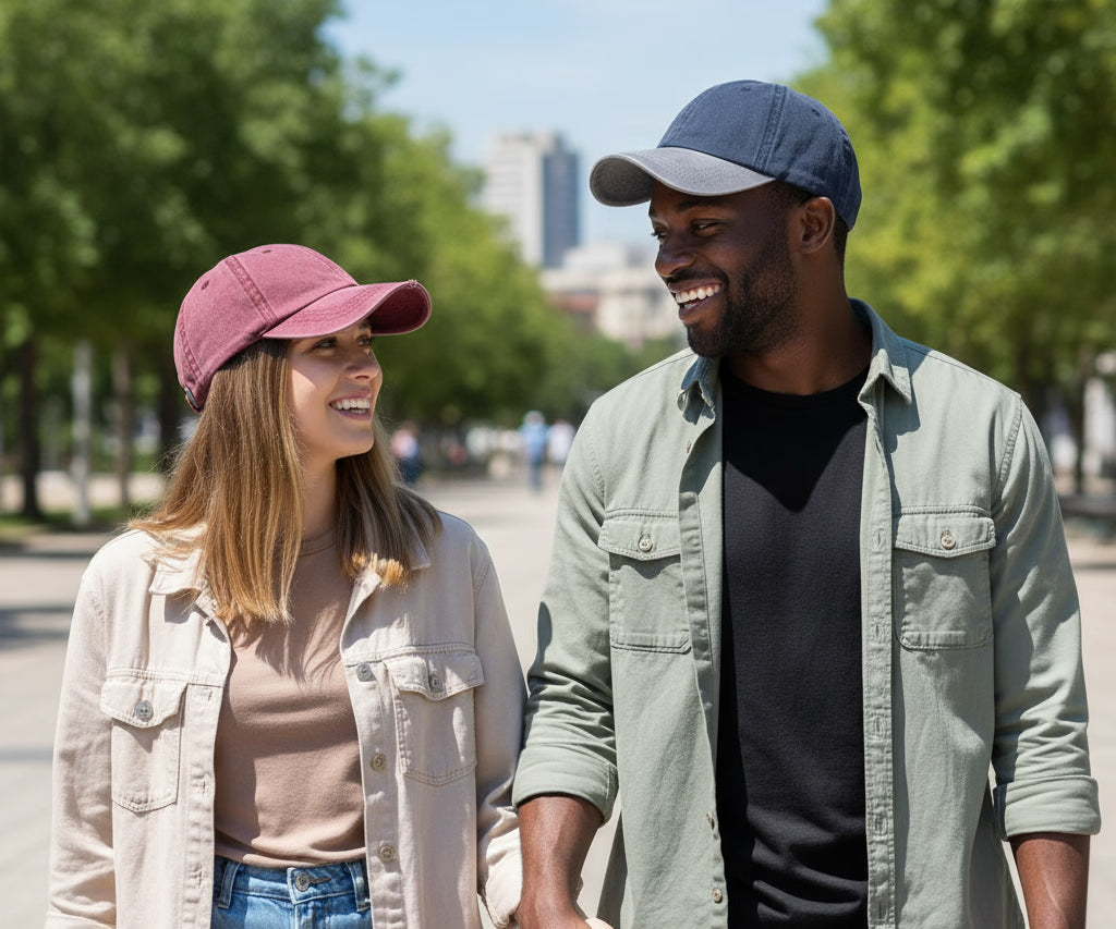 Couple wearing baseball caps walking and talking outdoors with trees and buildings in the background