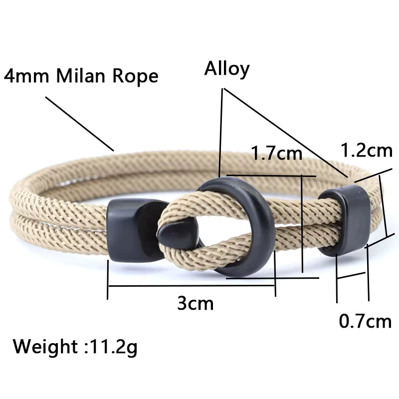 Khaki bracelet with black clasp, showing measurements and material details on a white background.