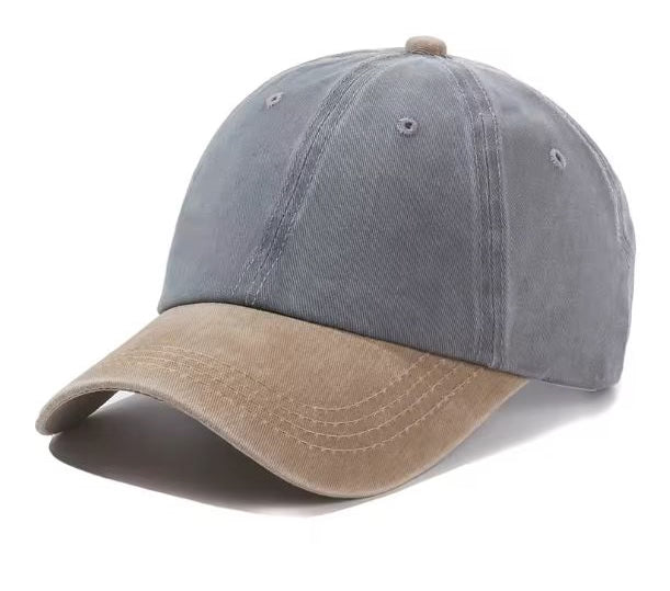 Khaki and grey baseball cap on a white background