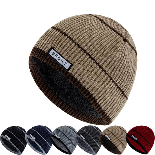 Knitted beanie with 'Sport' label in various colors on a white background