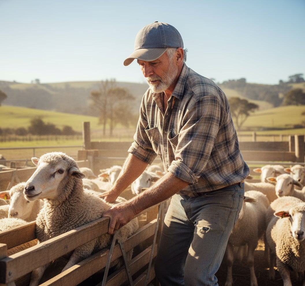 Man interacting with sheep in a pastoral setting wearing a khaki and grey baseball cap