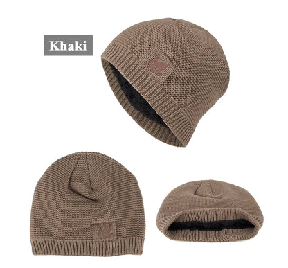 Khaki knit beanie with a brand logo on a white background