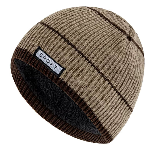 Khaki and brown striped beanie with a 'Sport' label on a white background