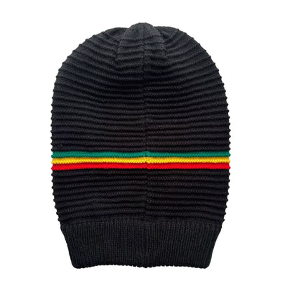 Black knit beanie with colourful red, green and gold rasta stripes on a white background