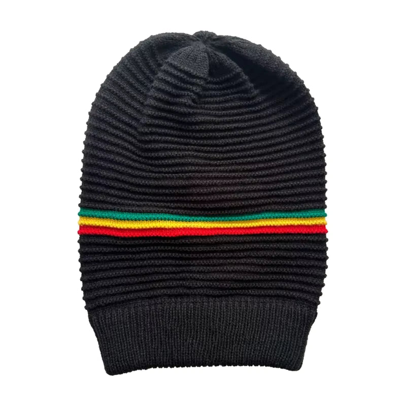 Black knit beanie with a colourful Rastafarian stripe on a white background