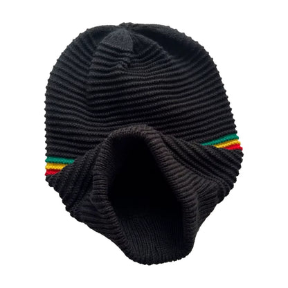 Black knit beanie with colorful stripes on a white background
