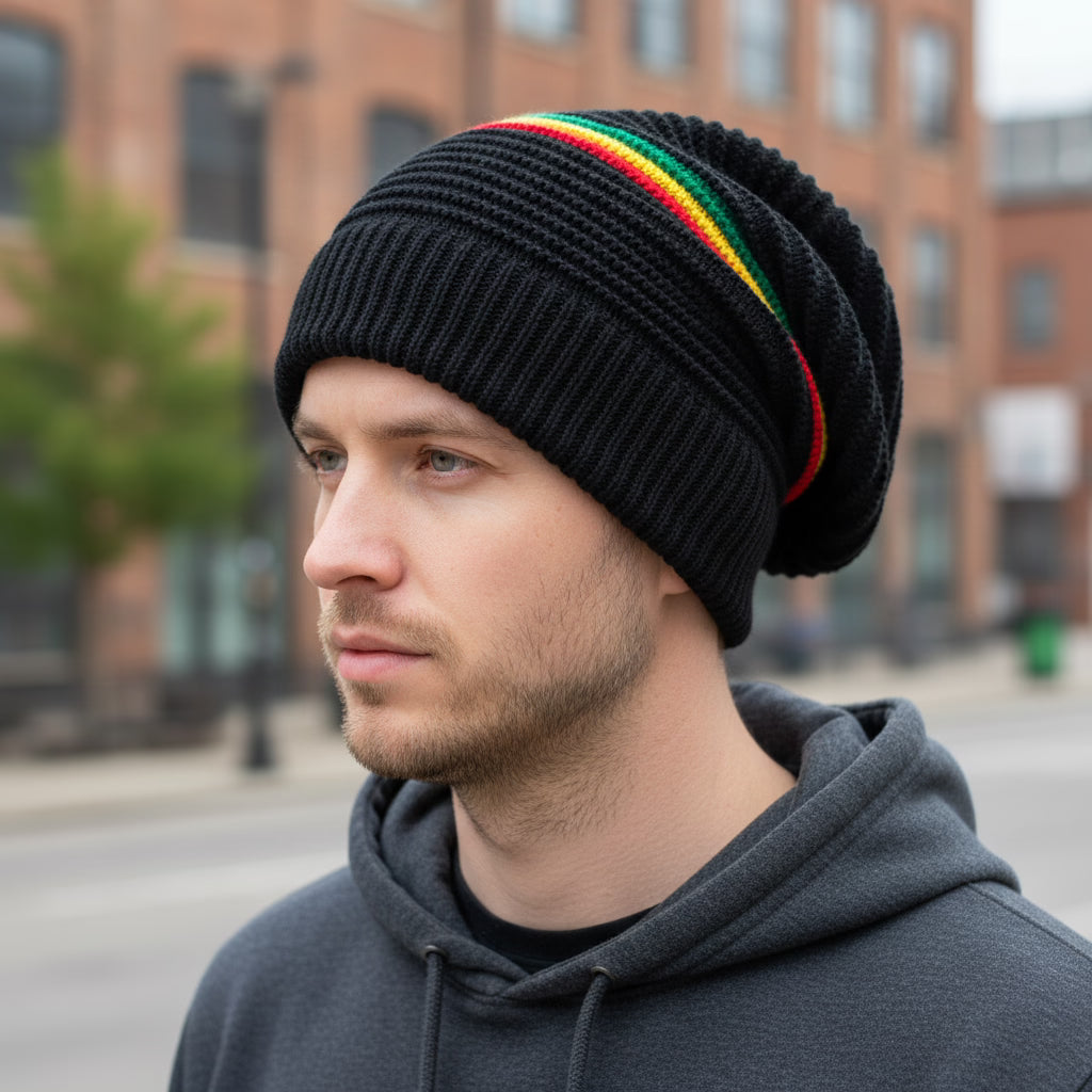 Man wearing a black beanie with colourful red, green and gold stripes in an urban setting