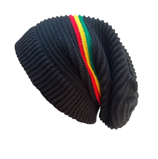 Black knit beanie with Rastafarian stripes on a white background