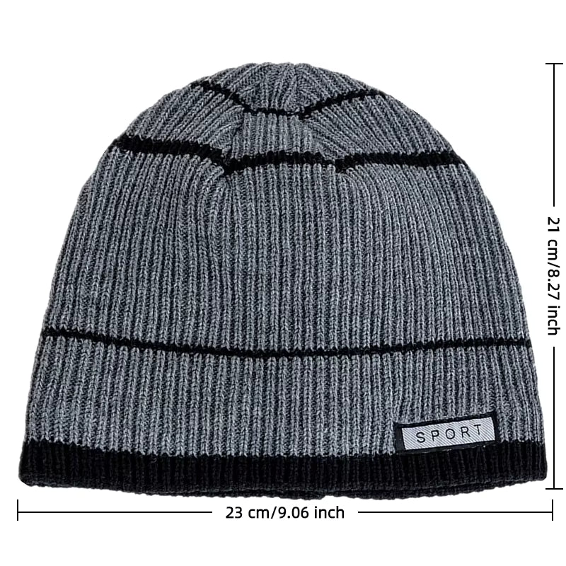 Grey knit beanie with black accents and 'Sport' label, shown with measurements on a white background.