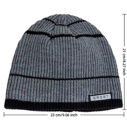 Grey knit beanie with black accents and 'Sport' label, shown with measurements on a white background.