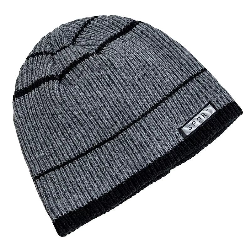 Grey beanie with black stripes and a brand label on a white background