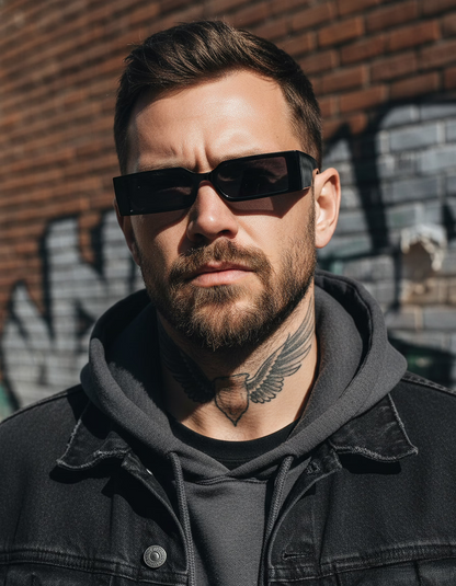 Man wearing sunglasses and a black hoodie with a tattoo on his neck, standing against a brick wall.