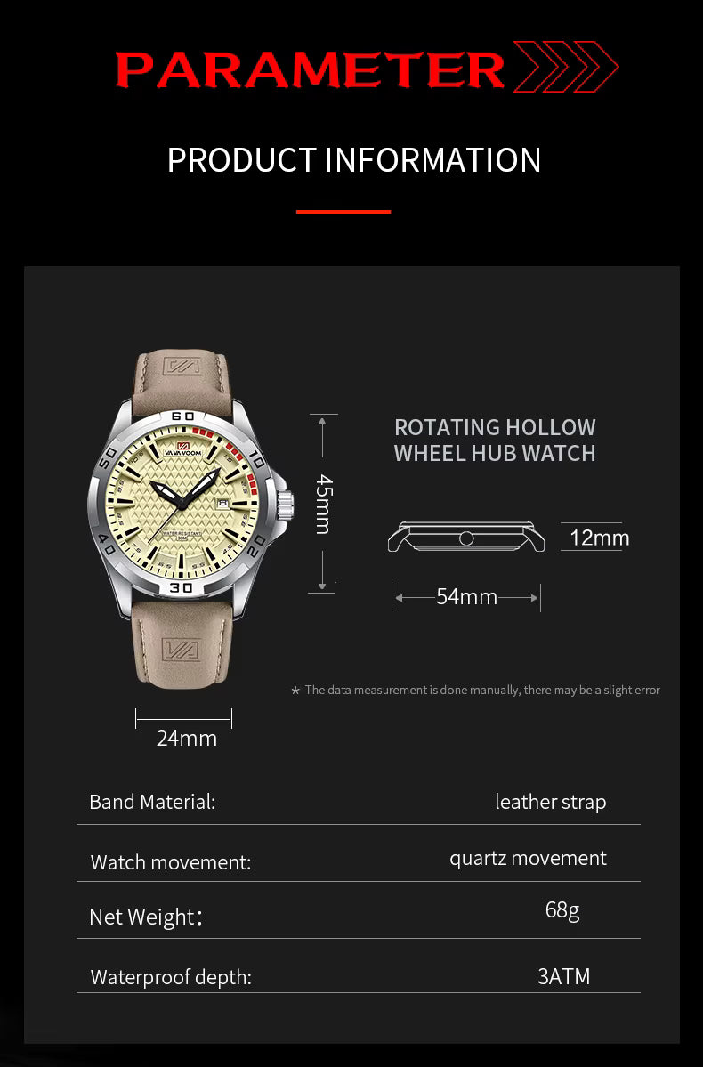 Product information card for a watch with specifications on a black background