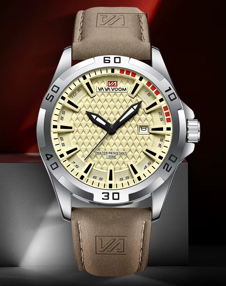 Wristwatch with beige dial and brown leather strap on a dark background