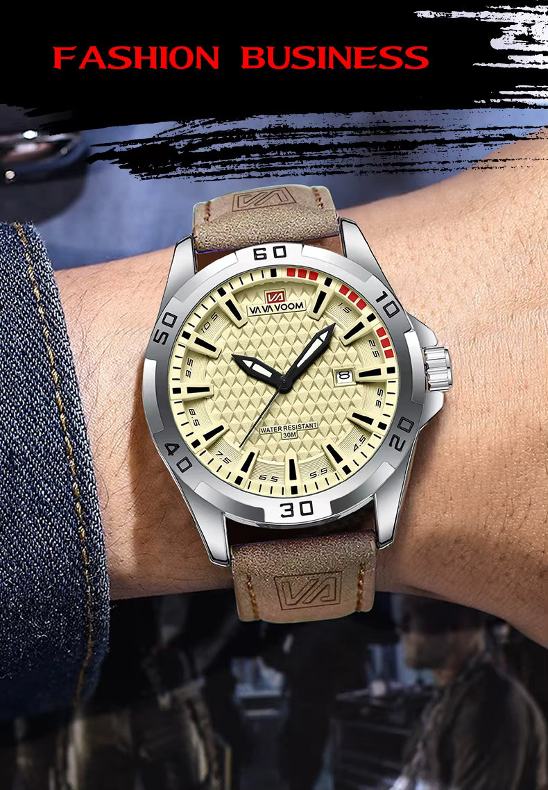 Wristwatch with brown leather strap and beige dial on a wrist, with 'Fashion Business' text at the top.