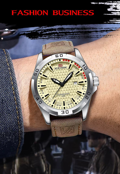 Wristwatch with brown leather strap and beige dial on a wrist, with 'Fashion Business' text at the top.