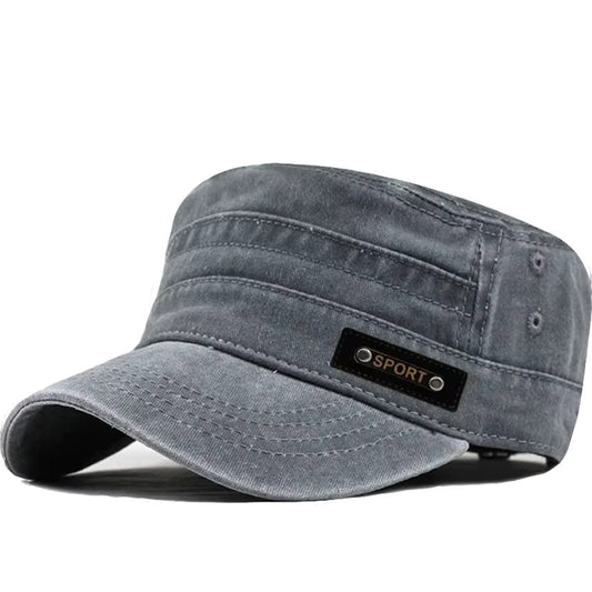 Gray military-style cap with a 'Sport' label on a white background