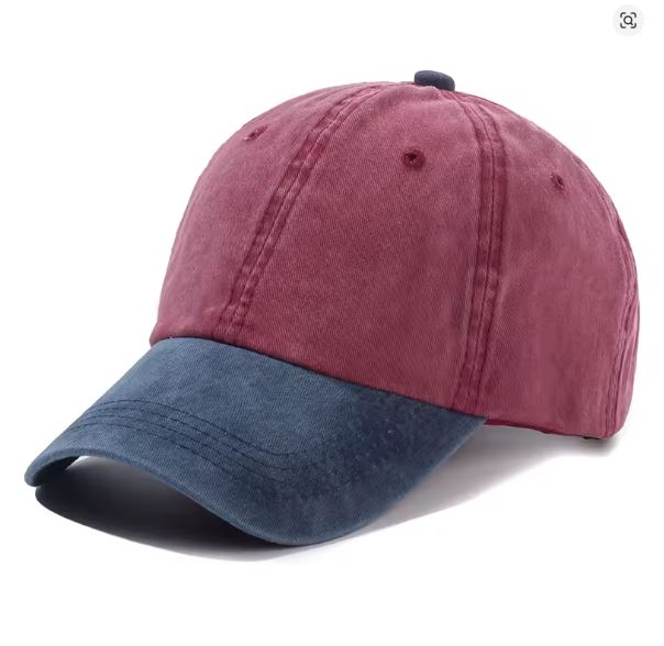 Two-tone blue and maroon baseball cap on a white background