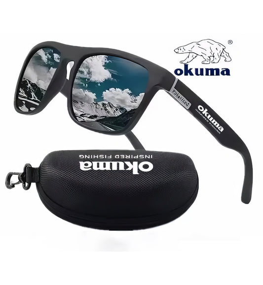 Black sunglasses with mountain reflection and matching case, featuring Okuma logo.