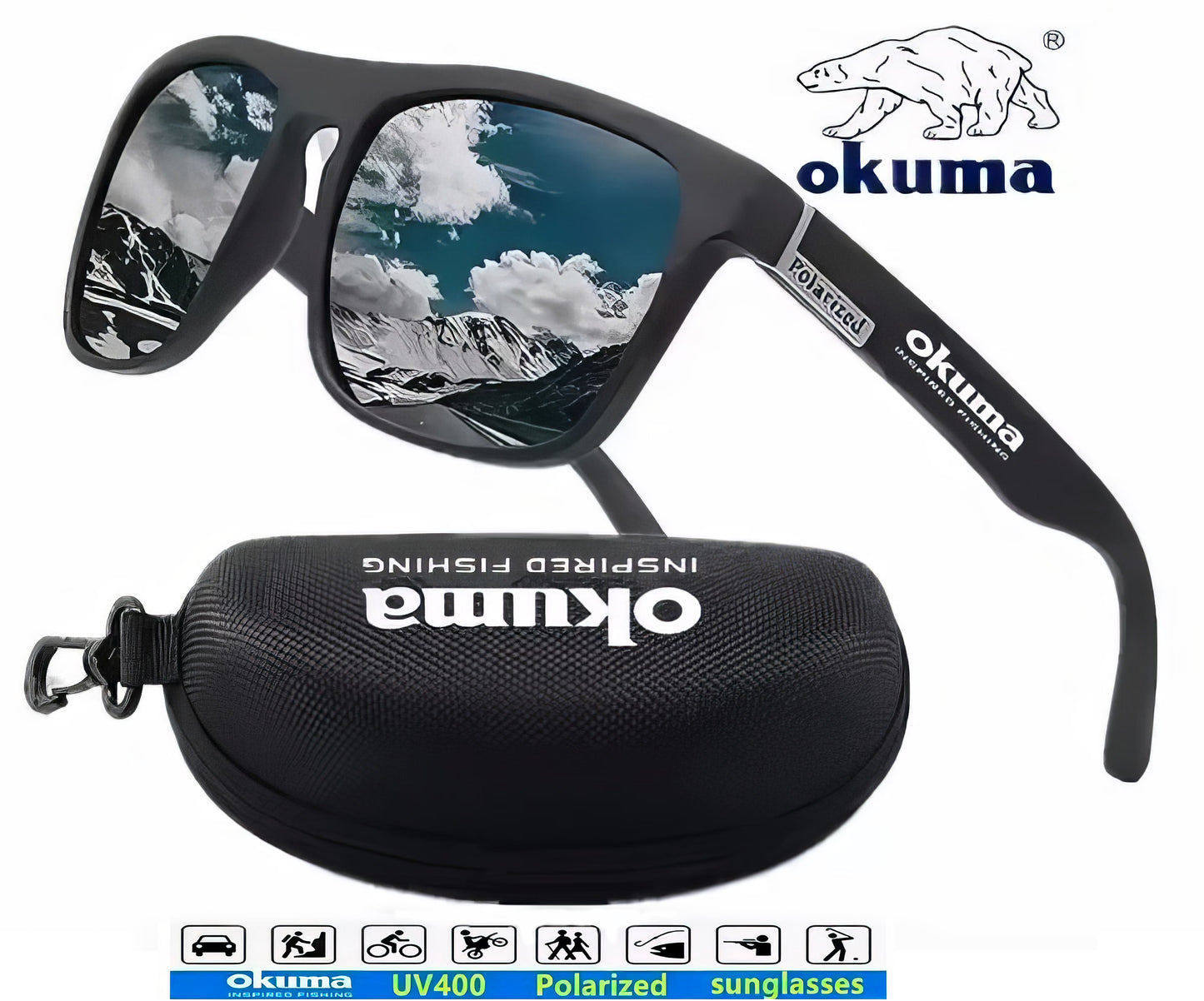 Black sunglasses with Okuma logo and matching case on a white background