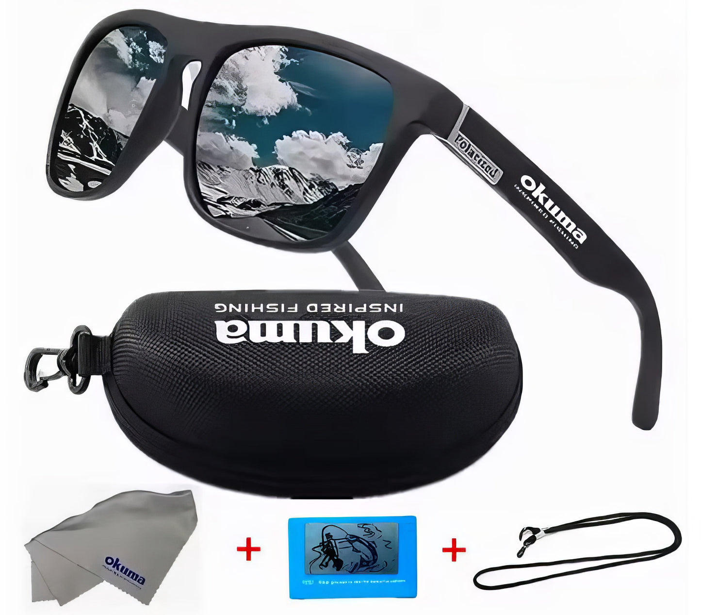 Black sunglasses with reflective lenses, black case, cleaning cloth, and lanyard on a white background