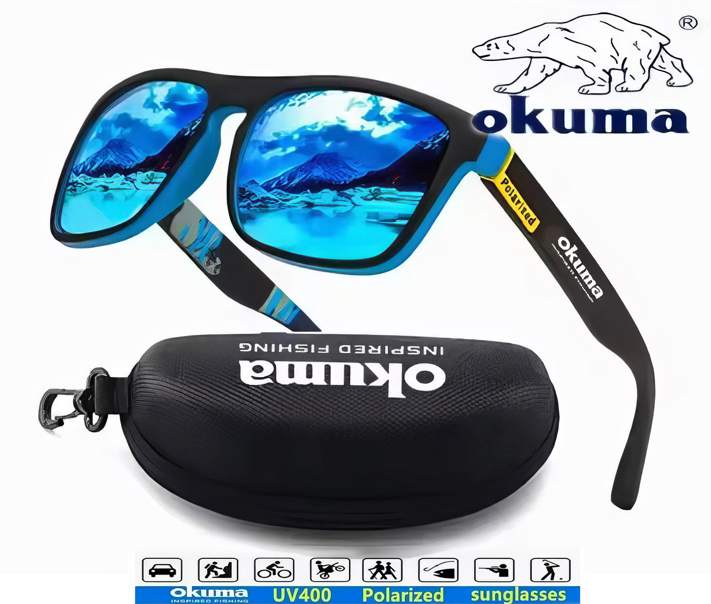 Okuma sunglasses with blue reflective lenses and black case on a white background
