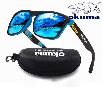 Okuma branded sunglasses with blue reflective lenses and matching case on a white background