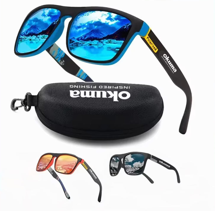 Sunglasses with reflective lenses and a black case on a white background