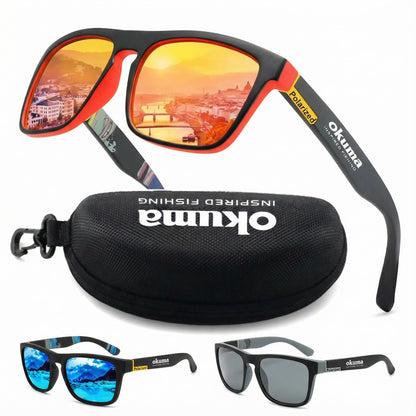 Okuma sunglasses with reflective lenses and a black case on a white background