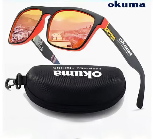 Sunglasses with red lenses and black frame, accompanied by a black case with 'okuma' branding on a white background.